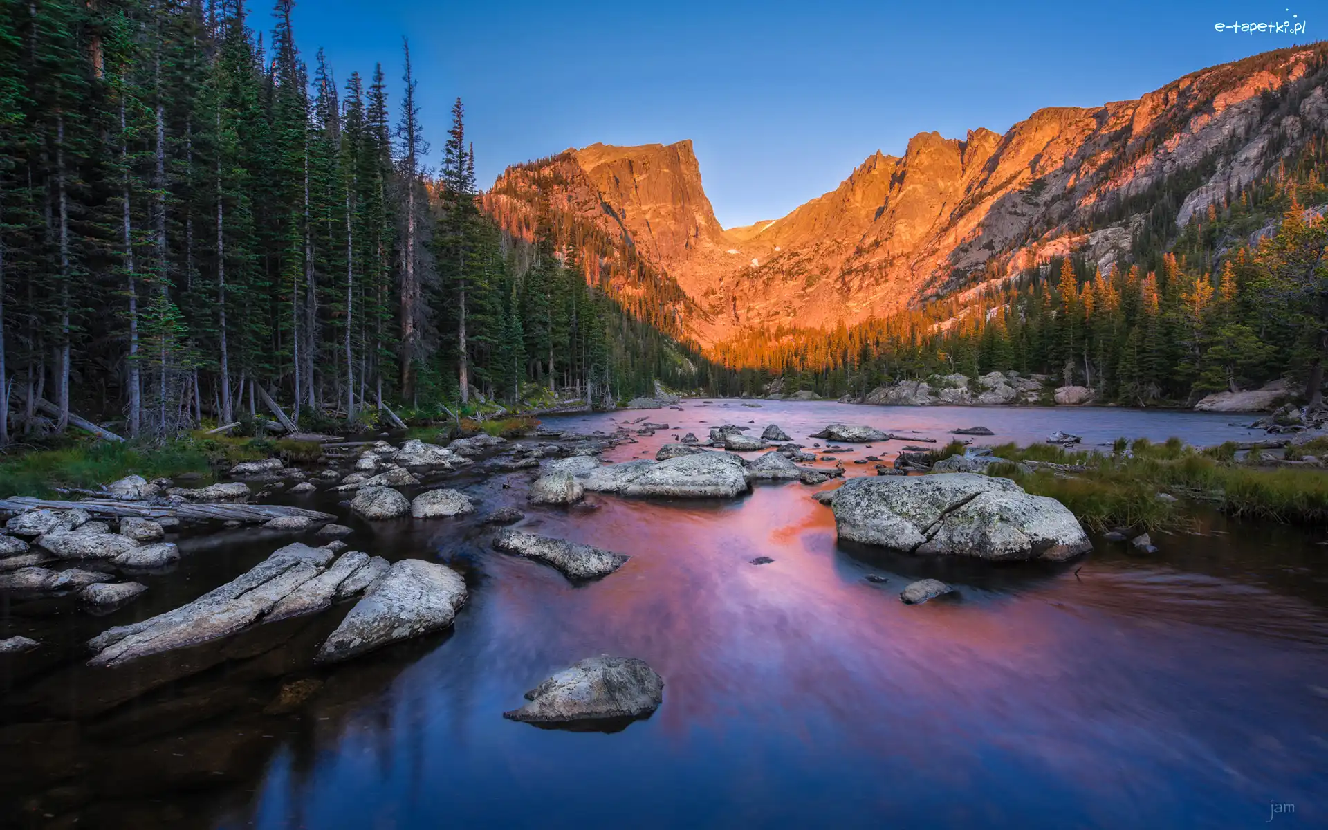 Góry, Stan Kolorado, Las, Drzewa, Park Narodowy Gór Skalistych, Jezioro Dream Lake, Kamienie, Stany Zjednoczone