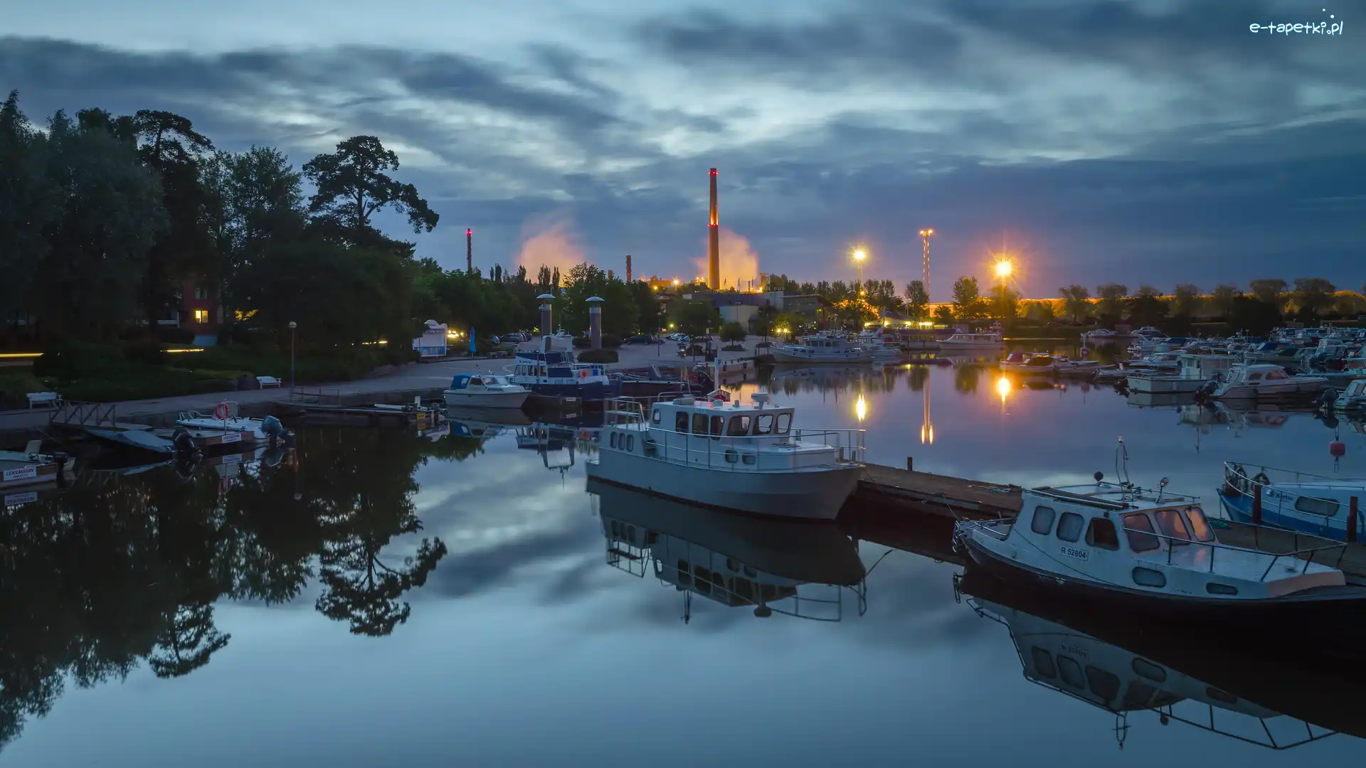 Finlandia, Motorówki, Świt, Sapokka Harbor, Przystań, Kotka, Światła