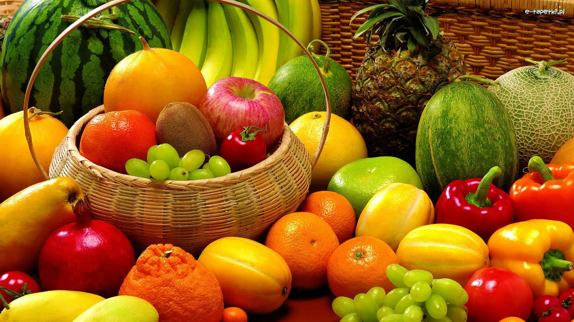 Kiwi, Banany, Winogrona, Kosz, Owoce, Jabłka, Ananas, Melon, Pomarańcze