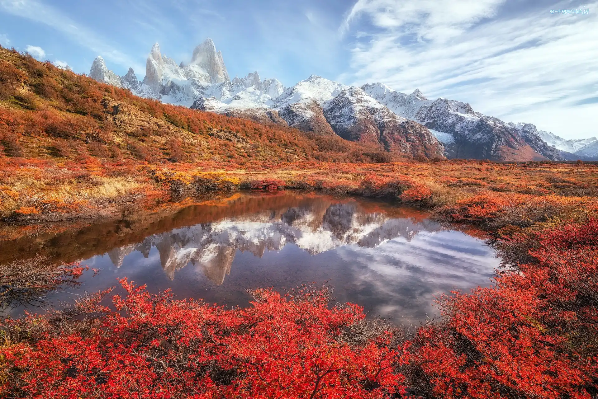 Szczyt Fitz Roy, Góry Andy, Kałuża, Patagonia, Argentyna, Jesień, Roślinność, Odbicie, Kolorowa