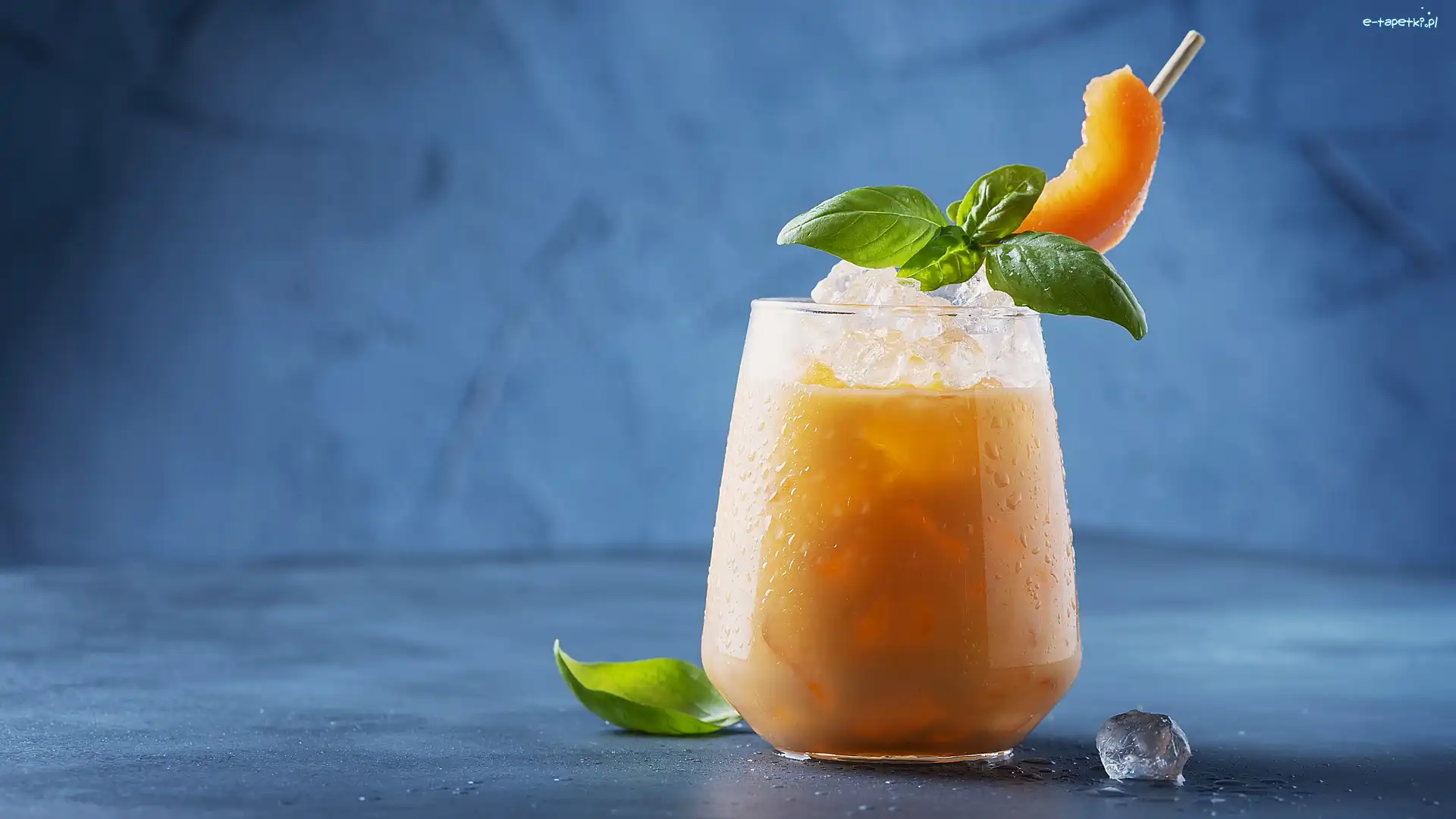 Listki, Lodu, Mango, Napój, Szklanka, Tło, Niebieskie, Kostki, Mięty