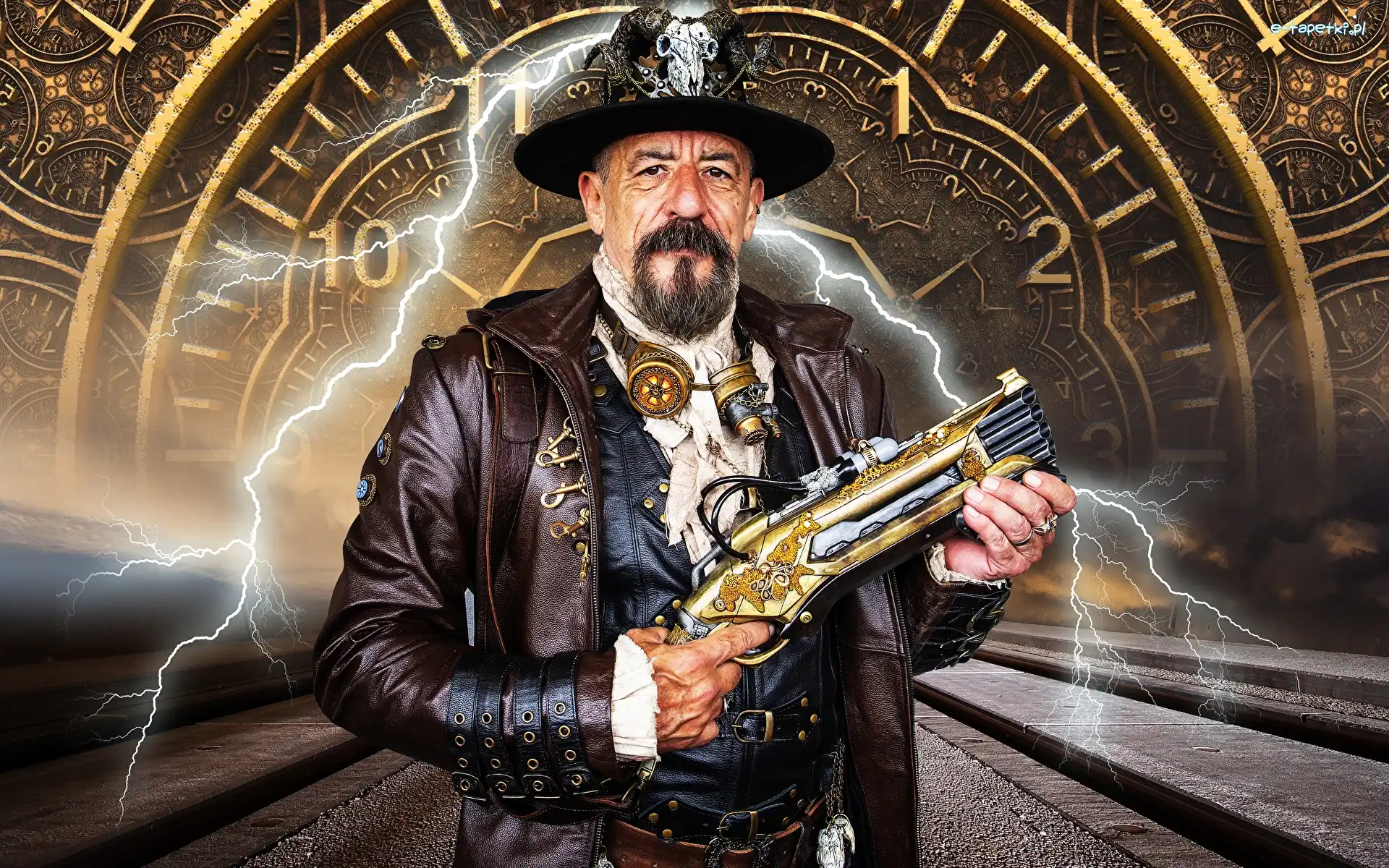 Broda, Pistolet, Steampunk, Zegar, Kapelusz, Błyskawica, Ręce, Mężczyzna