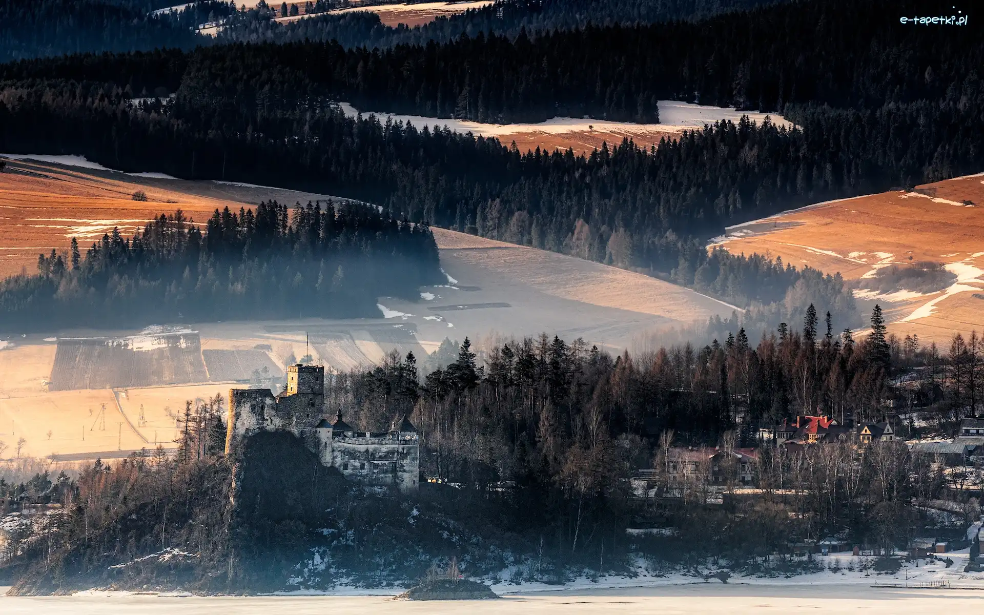 Zima, Polska, Zamek Dunajec, Wieś Niedzica-Zamek, Pola, Góry Pieniny, Las, Mgła, Drzewa, Powiat nowotarski, Zamek w Niedzicy
