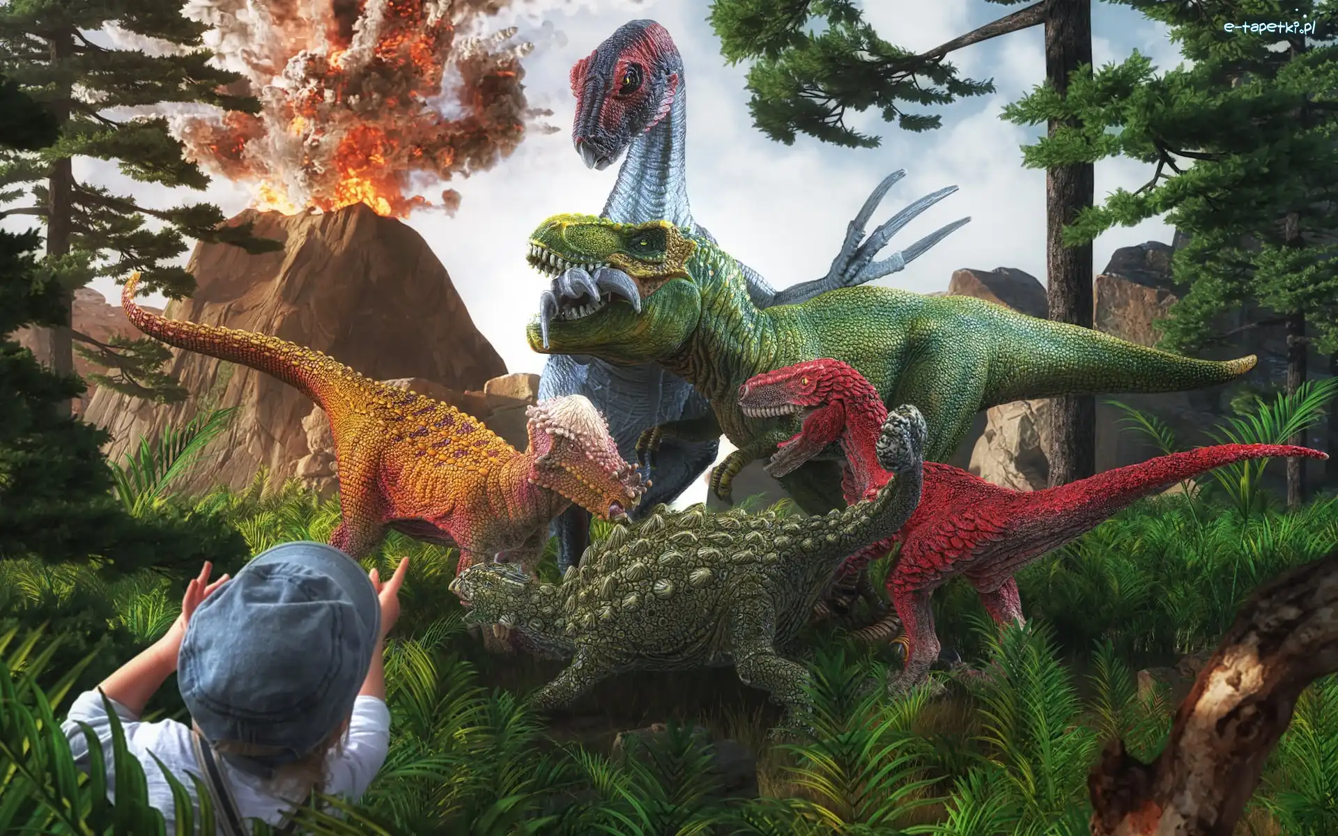 Dinozaury, Wulkan, Drzewa, Dziecko