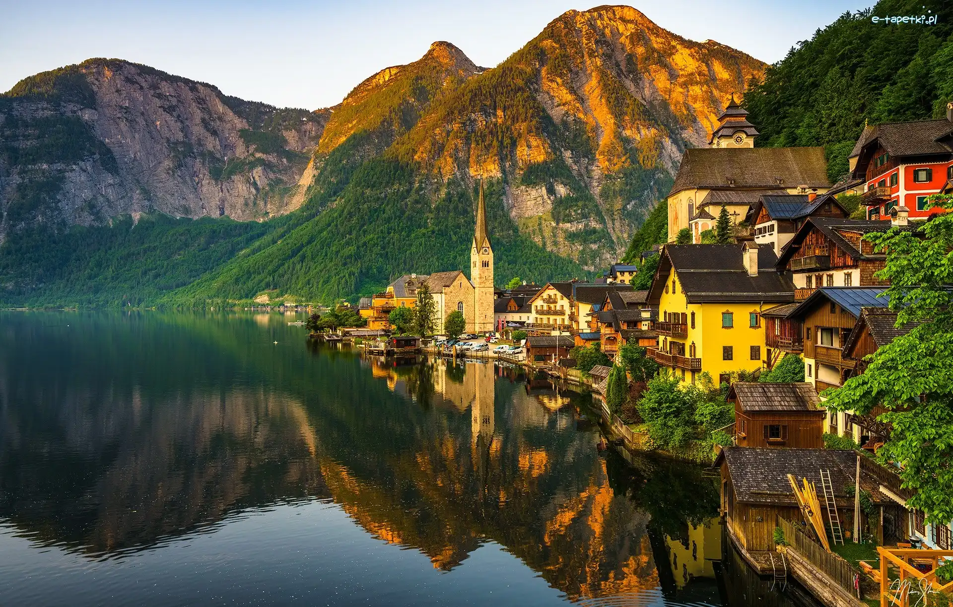 Jezioro, Hallstatt, Odbicie, Drzewa, Góry, Domy, Kościół, Austria