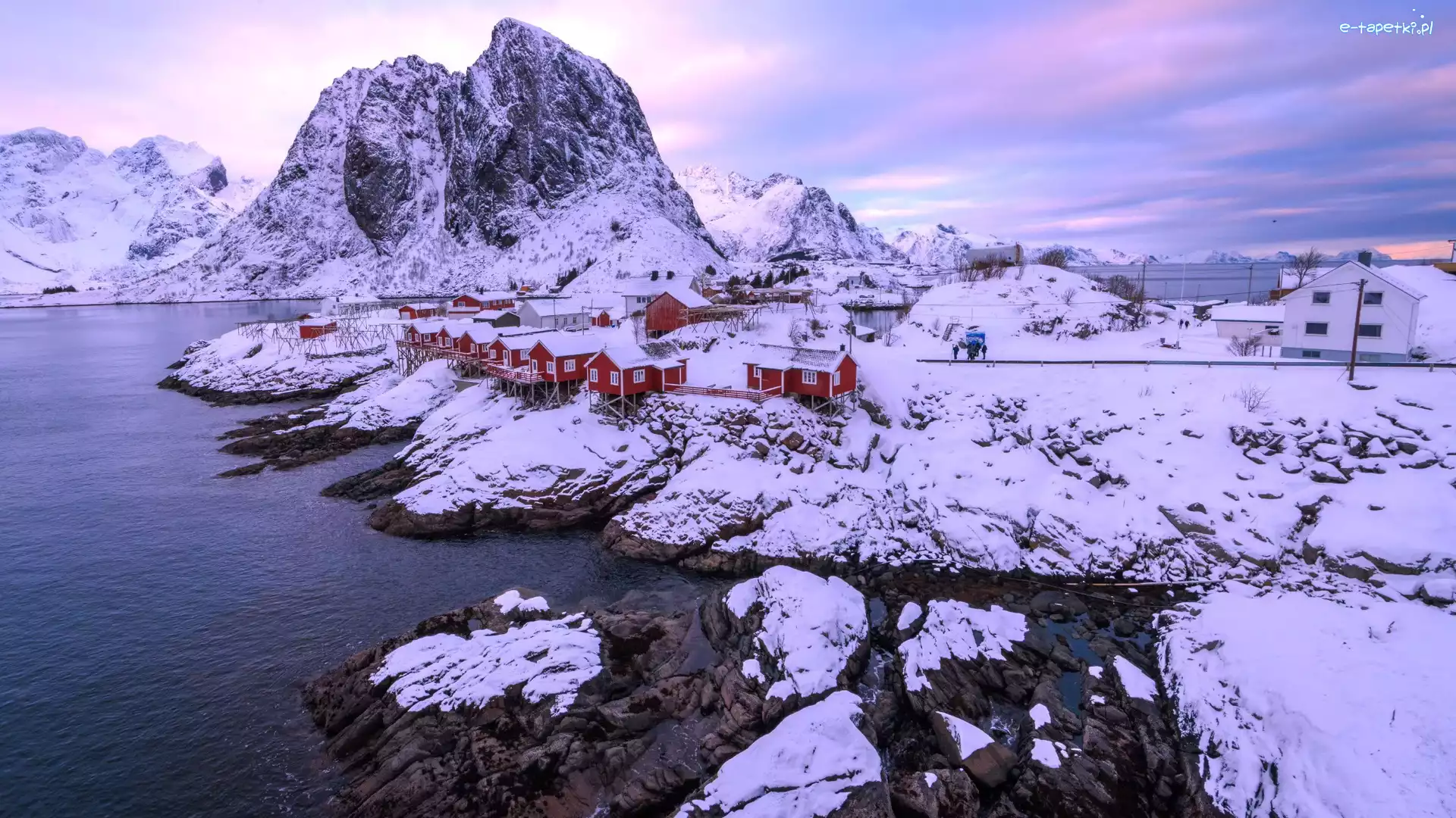 Domy, Góry, Lofoty, Morze, Norwegia, Zima, Hamnoy