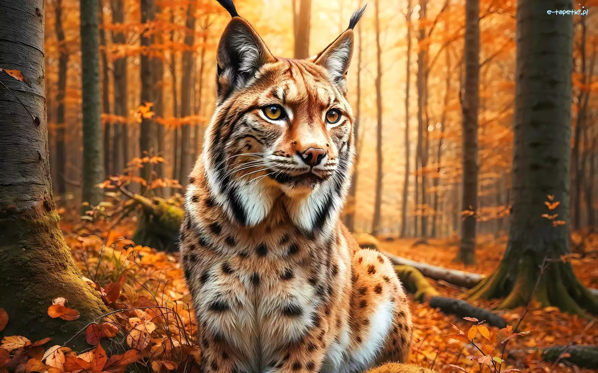 Liście, Las, Żółte, Grafika, Jesień, Ryś