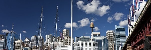 Flagi, Drapacze Chmur, Most, Australia, Jachty, Przystań