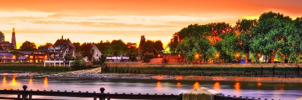 Rzeka, Zachód słońca, Domy, HDR, Balustrada Anglia