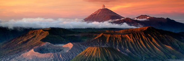 Wulkany, Zachód Słońca, Kratery, Indonezja, Jawa