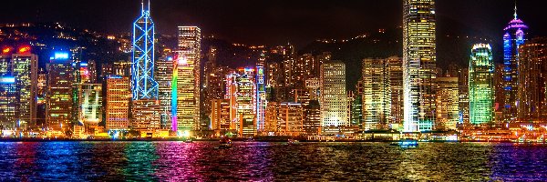 Miasto, Oświetlone, Hong Kong