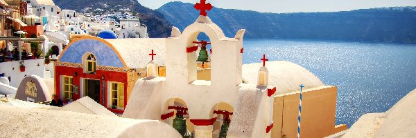Grecja, Morze, Santorini, Kościoły, Góry