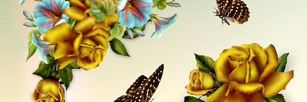 Róże, Motyle, Kwiaty, Art, Grafika