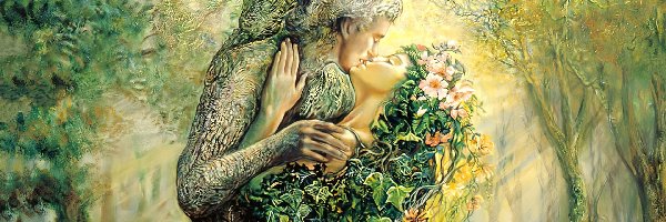 Pocałunek, Mężczyzna, Drzewa, Josephine Wall, Kobieta, Wiosna