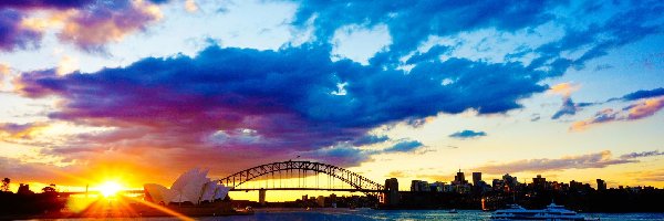 Statek, Zachód, Słońca, Sydney, Australia, Sydney Opera House, Most