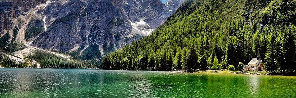 Lago di Carezza, Jezioro, Kościółek, Włochy, Lasy, Góry