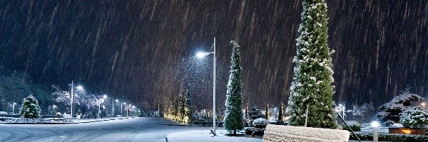 Ulica, Śnieg, Padający, Zima