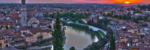 Słońca, Rzeka, Włochy, Miasta, Zachód, Verona, Panorama, Domy