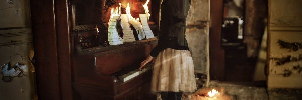 Pianino, Ogień, Nuty, Kobieta