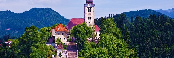 Kościół, Góry, Jezioro, Słowenia, Bled
