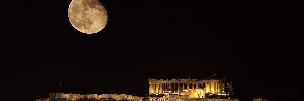 Noc, Grecja, Księżyc, Ruiny, Ateny, Akropol ateński