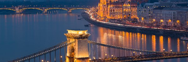 Węgry, Most, Łańcuchowy, Dunaj, Budapeszt, Noc, Parlament