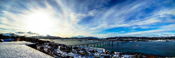 Most, Góry, Wioska, Norwegia, Zima