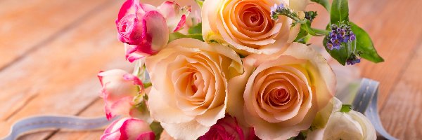 Wstążka, Róże, Bukiet kwiatów