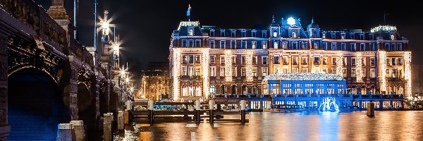 Hotel, Noc, Amsterdam, Odbicie, Woda