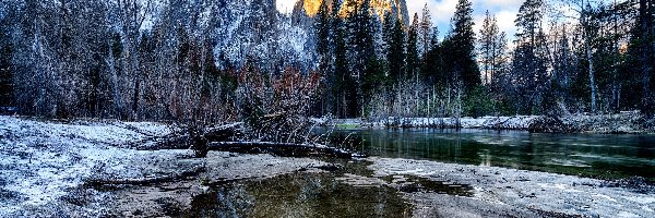 Zima, Stan Kalifornia, Odbicie, Rzeka Merced River, Park Narodowy Yosemite, Góry, Drzewa, Stany Zjednoczone