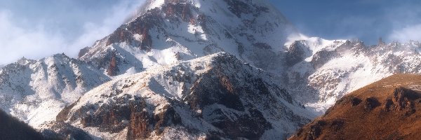 Zima, Wulkan, Szczyt Kazbek, Kaukaz, Góry, Niebo, Śnieg