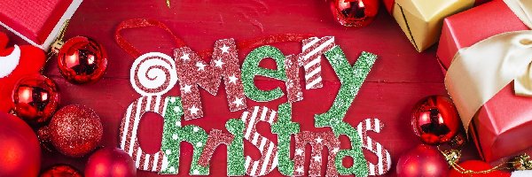 Merry Christmas, Boże Narodzenie, Czerwone, Świąteczna, Kompozycja, Napis, Bombki
