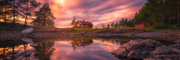 Dom, Jezioro Vaeleren, Zachód słońca, Ringerike, Norwegia, Łódka, Drzewa