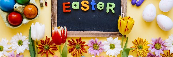 Easter, Kwiaty, Trawa, Pisanki, Wielkanoc, Napis, Tablica