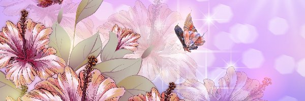 Hibiskus, Grafika 2D, Motyle, Kwiaty