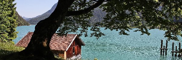 Domek, Drzewa, Góry, Jezioro