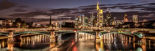Miasto, Rzeka, Most, Noc, Frankfurt, Niemcy