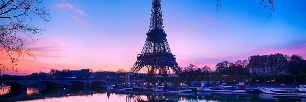 Most, Eiffla, Paryż, Słońca, Rzeka, Statki, Wschód, Wieża