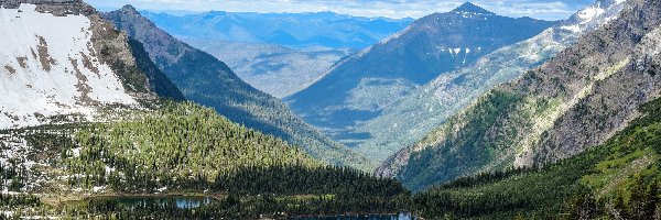 Chmury, Park Narodowy Glacier, Góry, Stan Montana, Stany Zjednoczone, Drzewa, Jezioro Hidden Lake