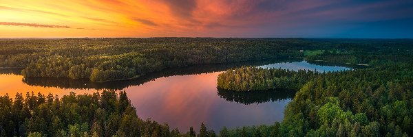 Finlandia, Jezioro Aulangonjärvi, Zachód słońca, Drzewa, Lasy