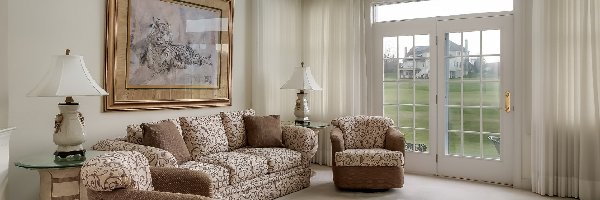 Lampy, Kanapa, Salon, Okno, Zasłony, Obraz, Fotele