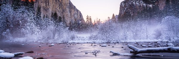 Drzewa, Park Narodowy Yosemite, Zima, Stan Kalifornia, Stany Zjednoczone, Rzeka, Góry