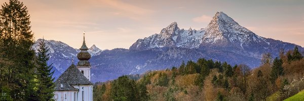Kościół, Bawaria, Drzewa, Alpy Salzburskie, Berchtesgaden, Sanktuarium Maria Gern, Góry, Niemcy