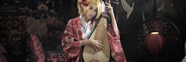 Ludowy, Chiński, Instrument, Pipa, Azjatka, Kobieta