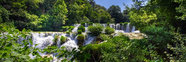 Las, Wodospad, Kaskada, Drzewa, Park Narodowy Krka, Chorwacja