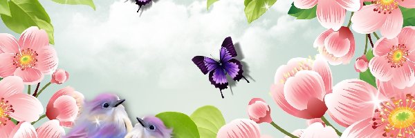 Wiosna, Kwiaty, Grafika, Ptaki, Motyle