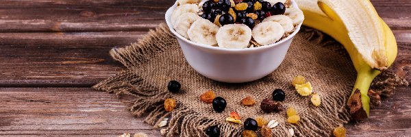 Rodzynki, Orzechy, Banan, Deski, Miska, Musli