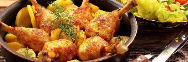 Sałatka, Pałki, Ziemniaki, Sztućce, Pieczone, Kurczak