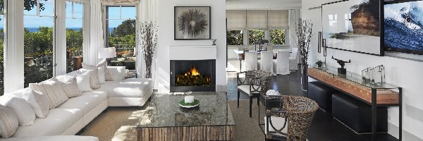 Biała, Duże, Okna, Kanapa, Kominek, Salon