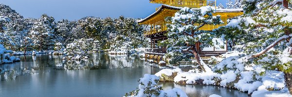 Staw Kyōko-chi, Kioto, Śnieg, Drzewa, Ogród Kyōko-chi Pond, Złoty Pawilon, Świątynia buddyjska, Japonia